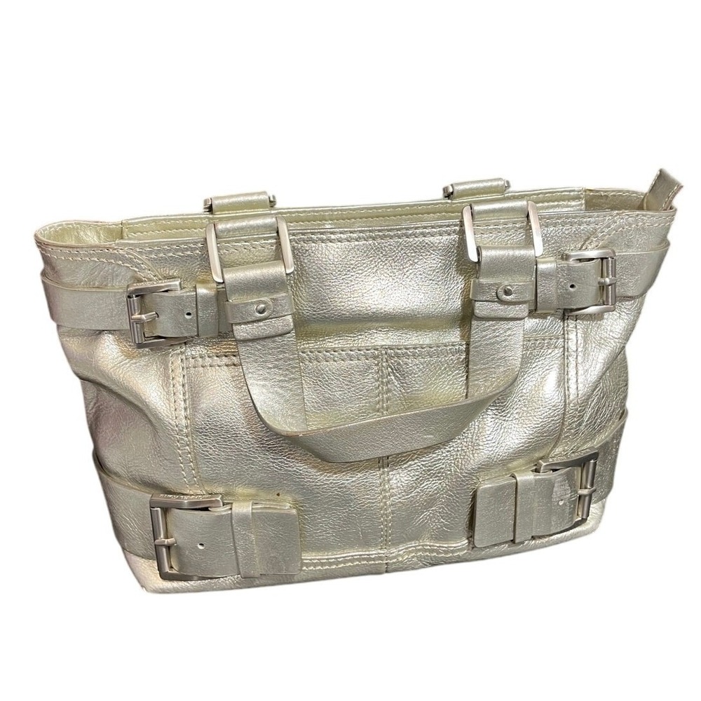 Michael Kors Tote Bag Womens Medium Champagne Gold Metallic Buckle Moto Leather